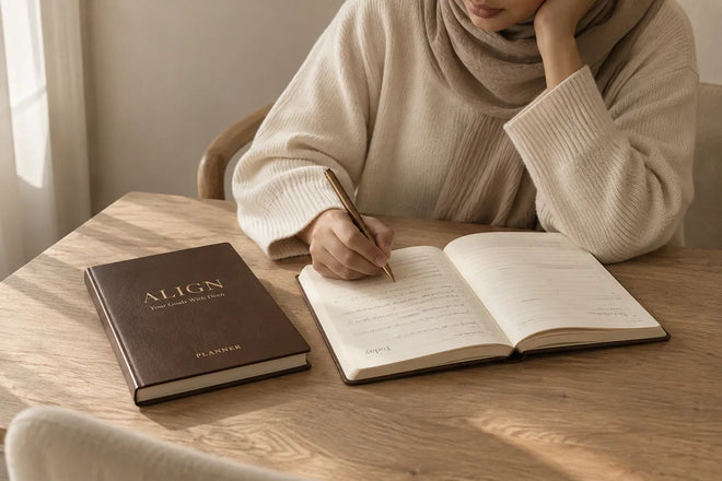 Illustrative lifestyle scene of a woman writing thoughtfully with an Align planner